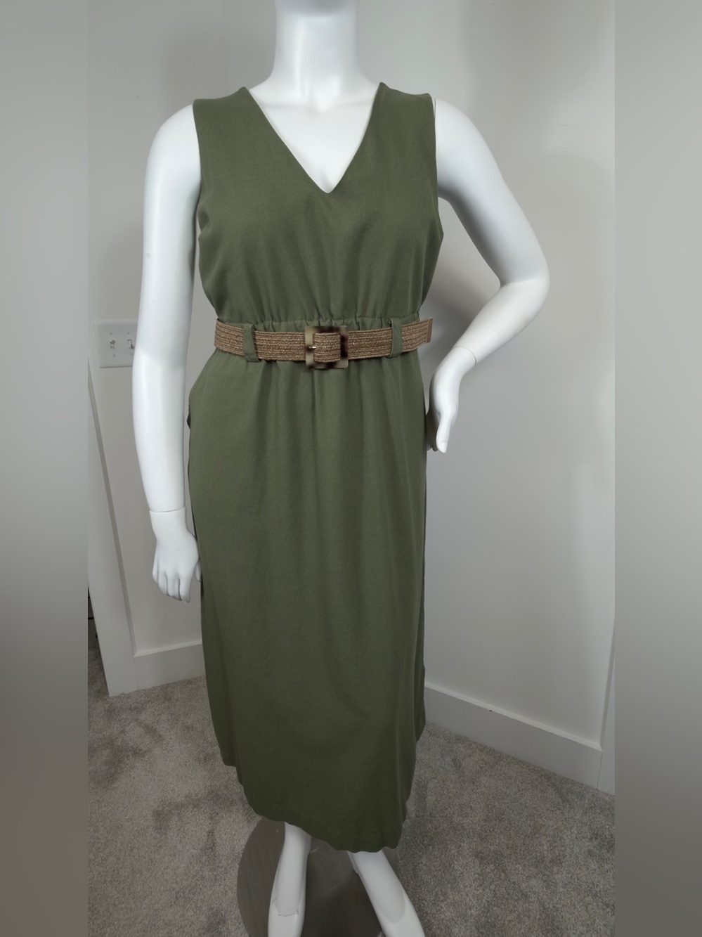 AK Plus Olive Green Linen Blend Midi Dress with Belt & Pockets Size XL/GG